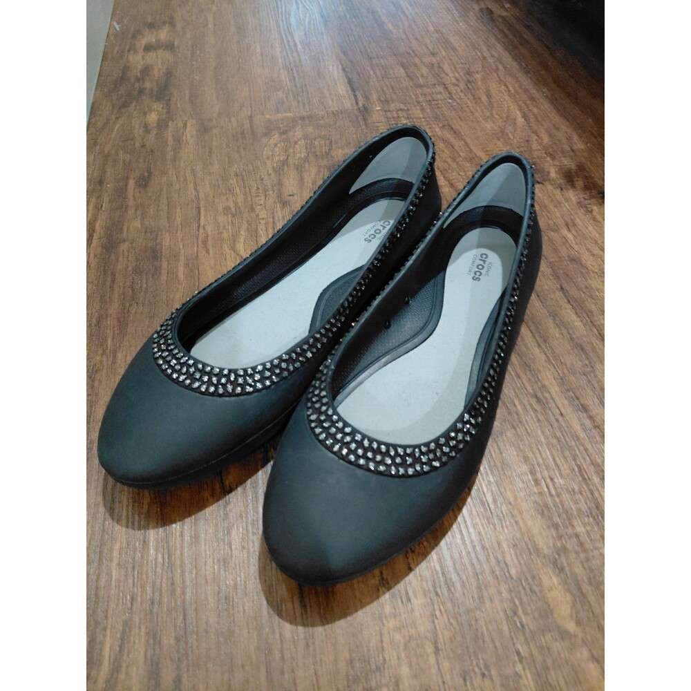 Crocs Women Black Lina Diamanté Flat Sz 10 Nice Flat Shoes